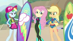 Size: 1280x720 | Tagged: safe, derpibooru import, screencap, applejack, fluttershy, rainbow dash, blue crushed, equestria girls, equestria girls series, adorasexy, beach, clothes, cute, hips, sexy, shyabetes, surfboard, swimsuit, wetsuit