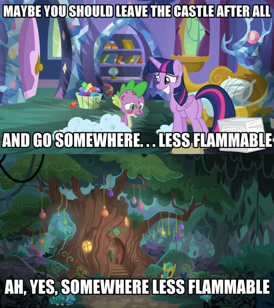 Size: 1920x2160 | Tagged: safe, derpibooru import, edit, edited screencap, screencap, spike, twilight sparkle, twilight sparkle (alicorn), alicorn, pony, molt down, bed, book, bookshelf, castle, door, doorway, everfree forest, female, image macro, mare, meme, stone scales, tree, zecora's hut