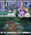 Size: 1920x2160 | Tagged: safe, derpibooru import, edit, edited screencap, screencap, spike, twilight sparkle, twilight sparkle (alicorn), alicorn, pony, molt down, bed, book, bookshelf, castle, door, doorway, everfree forest, female, image macro, mare, meme, stone scales, tree, zecora's hut