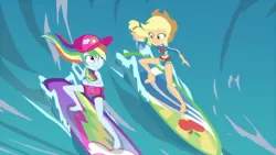 Size: 1280x720 | Tagged: safe, derpibooru import, screencap, applejack, rainbow dash, blue crushed, equestria girls, equestria girls series, barefoot, clothes, feet, geode of super speed, geode of super strength, magical geodes, surfboard, surfing, swimsuit