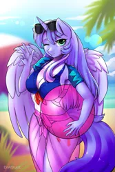 Size: 633x950 | Tagged: alicorn, alicorn oc, anthro, anthro oc, armpits, artist:draltruist, bikini, breasts, clothes, cloud, commission, derpibooru import, female, looking at you, oc, oc:mariah wolves, one eye closed, sky, smiling, solo, solo female, suggestive, sunglasses, swimsuit, unofficial characters only, wink, ych result