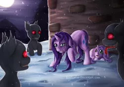 Size: 1584x1108 | Tagged: semi-grimdark, artist:ponysunrise, derpibooru import, rarity, sweetie belle, unicorn, big sister instinct, blood, danger, female, fight, grin, injured, night, protecting, scratching, sisters, smiling, snow, teeth, winter