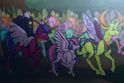 Size: 1800x1200 | Tagged: safe, artist:percy-mcmurphy, derpibooru import, thorax, twilight sparkle, twilight sparkle (alicorn), oc, oc:alistair, alicorn, changedling, changeling, changepony, hybrid, pony, antennae, antlers, colored sclera, crowd, crown, cutie mark, eyes closed, family, female, horn, hybrid wings, insect wings, interspecies offspring, jewelry, king thorax, male, necklace, next generation, offspring, parent:thorax, parent:twilight sparkle, parents:twirax, public, raised hoof, regalia, shipping, size difference, smiling, straight, trio, twirax