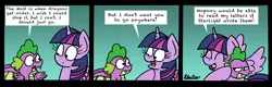 Size: 2450x781 | Tagged: safe, artist:bobthedalek, derpibooru import, spike, twilight sparkle, twilight sparkle (alicorn), alicorn, dragon, pony, molt down, bait and switch, comic, female, hug, mare, priorities, simple background, skewed priorities, spike is not amused, teal background, unamused, winged spike, wings