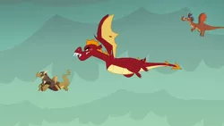 Size: 1280x720 | Tagged: safe, derpibooru import, screencap, amarant, barry, garble, dragon, gauntlet of fire, armor, dragon armor, flying, male, teenaged dragon, trio