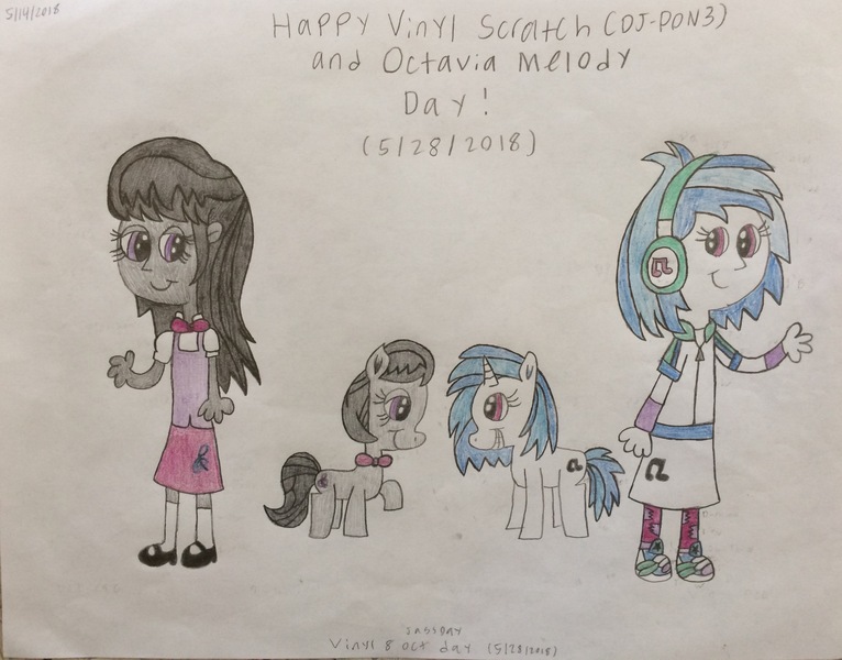 Size: 2048x1604 | Tagged: safe, artist:smurfettyblue, derpibooru import, octavia melody, vinyl scratch, pony, equestria girls, human ponidox, self ponidox, simple background, text, traditional art, v&o day, vinyl and octavia day, white background