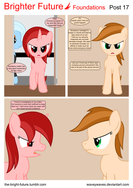 Size: 5656x8000 | Tagged: safe, artist:waveywaves, derpibooru import, oc, oc:crivet, oc:ruby rey, unnamed oc, unofficial characters only, earth pony, pony, unicorn, comic:brighter future, absurd resolution, comic