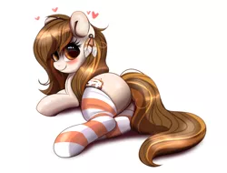 Size: 1313x1000 | Tagged: suggestive, artist:confetticakez, derpibooru import, oc, oc:raven sun, unofficial characters only, earth pony, pony, blushing, clothes, cute, female, flank, heart, looking at you, mare, ocbetes, plot, prone, redraw, side, simple background, socks, solo, striped socks, thick, thigh highs, white background