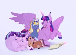 Size: 1024x740 | Tagged: safe, artist:vindhov, derpibooru import, starlight glimmer, twilight sparkle, twilight sparkle (alicorn), oc, oc:love letter, oc:marigold twinkle, alicorn, hybrid, pony, unicorn, yakony, blue background, book, cloven hooves, colored hooves, cute, family, female, filly, half-siblings, interspecies offspring, lesbian, magic, mare, mother's day, ocbetes, offspring, older, parent:prince rutherford, parent:sunburst, parent:twilight sparkle, parents:twiburst, parents:twiford, shipping, simple background, snip (coat marking), socks (coat marking), step-mother, step-parent and step-child, twistarlight