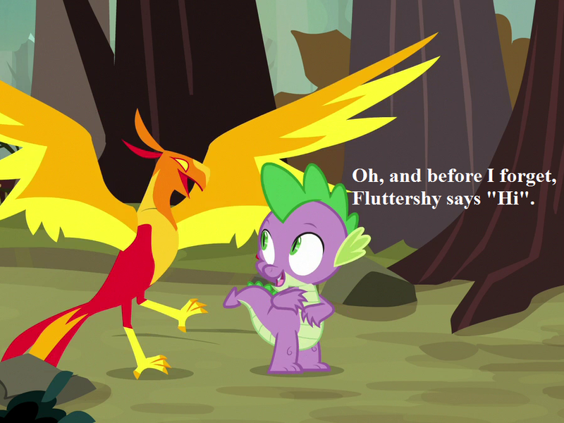 Size: 896x672 | Tagged: bird, cropped, derpibooru import, dragon, duo, edit, edited screencap, forest, happy, implied fluttershy, landing, male, molt down, open beak, peewee, peeweebetes, phoenix, safe, screencap, solo, spike, spread wings, stone scales, text, wings