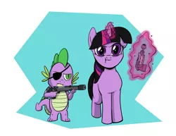 Size: 1100x850 | Tagged: safe, artist:coffeeburger, derpibooru import, spike, twilight sparkle, dragon, pony, unicorn, black mane, close rick-counters of the rick kind, evil morty, evil rick, evil spike, evil twilight, eyepatch, laser gun, magic, parody, ray gun, rick and morty, scar, telekinesis, this will end in death, tranquilizer