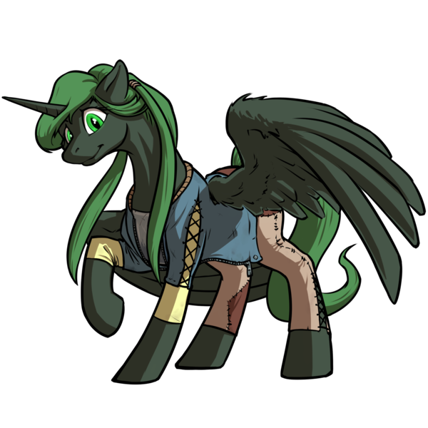 Size: 1500x1500 | Tagged: safe, artist:kalemon, derpibooru import, oc, oc:boundless, unofficial characters only, alicorn, pony, fallout equestria, fanfic, alicorn oc, artificial alicorn, clothes, fanfic art, female, green alicorn (fo:e), hooves, horn, mare, ponytail, raised hoof, simple background, solo, spread wings, transparent background, wings