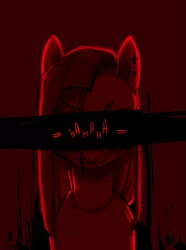 Size: 745x1000 | Tagged: safe, artist:ipoloarts, derpibooru import, pinkie pie, pony, angry, bust, creepy, ear piercing, earring, jewelry, laughing, monochrome, piercing, pinkamena diane pie, portrait, red background, simple background, solo, text