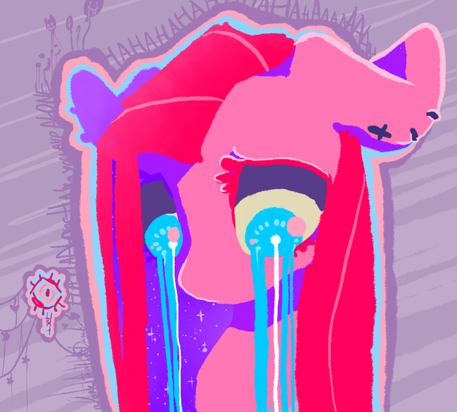 Size: 971x875 | Tagged: artist:ipoloarts, bust, color porn, crying, derpibooru import, eyestrain warning, needs more saturation, pinkamena diane pie, pinkie pie, portrait, sad, safe, saturated, solo, surreal