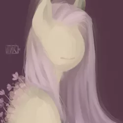 Size: 1000x1000 | Tagged: safe, artist:ipoloarts, derpibooru import, fluttershy, pony, blurry, bust, flower, looking at you, no eyes, no face, painting, portrait, simple background, solo, surreal