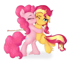 Size: 2400x2100 | Tagged: safe, artist:katakiuchi4u, derpibooru import, pinkie pie, sunset shimmer, earth pony, pony, unicorn, female, hug, kiss on the cheek, kissing, lesbian, shipping, simple background, sunsetpie, transparent background, unshorn fetlocks