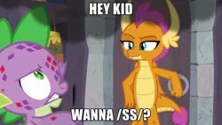 Size: 1669x943 | Tagged: caption, derpibooru import, dragon, dragoness, duo, edit, edited screencap, editor:dtavs.exe, female, hey kid you wanna ss?, image macro, male, meme, molt down, screencap, smoke, smolder, spike, /ss/, stone scales, suggestive