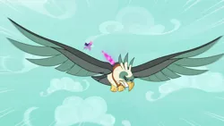 Size: 1280x720 | Tagged: safe, derpibooru import, screencap, twilight sparkle, twilight sparkle (alicorn), alicorn, bird, pony, roc, molt down, blast, dogfight, duo, eyes closed, female, flying, gritted teeth, magic, magic beam, magic blast, mare, spread wings, wings