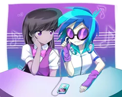 Size: 1750x1400 | Tagged: safe, artist:ryuu, derpibooru import, octavia melody, vinyl scratch, equestria girls, bowtie, clothes, duo, female, glasses, gloves, headphones, music notes, music player