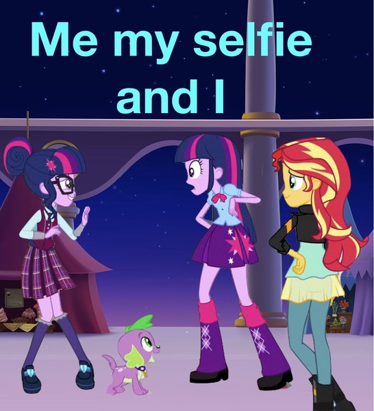 Size: 1044x1148 | Tagged: safe, artist:superbobiann, derpibooru import, editor:superbobiann, sci-twi, spike, spike the regular dog, sunset shimmer, twilight sparkle, twilight sparkle (alicorn), alicorn, dog, equestria girls, equestria girls series, foreshadowing, me my selfie and i