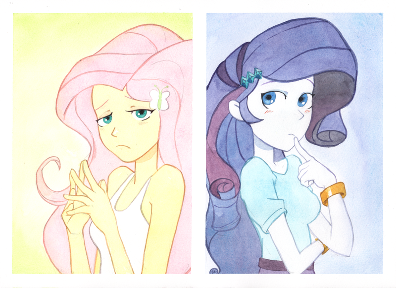 Size: 1880x1365 | Tagged: safe, artist:tyantyai_mokka, derpibooru import, fluttershy, rarity, equestria girls, bracelet, clothes, duo, female, jewelry, looking at you, traditional art, watercolor painting