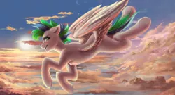 Size: 1024x555 | Tagged: safe, artist:zefirayn, derpibooru import, oc, unofficial characters only, pegasus, pony, cloud, digital art, ear fluff, flying, looking sideways, male, multicolored hair, multicolored mane, multicolored tail, signature, sky, solo, spread wings, stallion, sun, sunset, vexel, wings, ych result