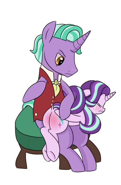 Size: 704x1070 | Tagged: safe, artist:munchypony, deleted from derpibooru, derpibooru import, firelight, starlight glimmer, pony, unicorn, abuse, blushing, clothes, crying, discipline, eyes closed, father and daughter, female, glimmerbuse, male, plot, punishment, simple background, spank mark, spanking, stool, transparent background, underhoof