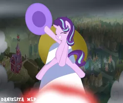 Size: 1024x856 | Tagged: safe, artist:danielitamlp, derpibooru import, starlight glimmer, pony, unicorn, clothes, dr. strangelove, eyes closed, grin, hat, parody, ponyville, riding, riding a bomb, rocket, show accurate, smiling, solo, sweet apple acres, this will end in tears and/or death, toy interpretation, trixie's hat, trixie's rocket, waving
