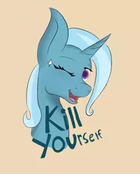 Size: 1214x1512 | Tagged: semi-grimdark, artist:mahexa, deleted from derpibooru, derpibooru import, trixie, pony, unicorn, female, kill yourself, mare, smiling, solo, sparkles