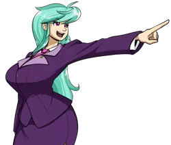Size: 1041x882 | Tagged: ace attorney, artist:reiduran, clothes, dead source, derpibooru import, female, human, humanized, humanized oc, objection, oc, oc:ostria chime, phoenix wright, pointing, safe, simple background, smiling, solo, suit, transparent background, unofficial characters only