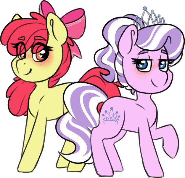 Size: 637x612 | Tagged: safe, artist:ivybrush, derpibooru import, apple bloom, diamond tiara, alternate hairstyle, blushing, diamondbloom, female, heart eyes, lesbian, older, older apple bloom, older diamond tiara, shipping, simple background, transparent background, wingding eyes