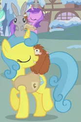 Size: 403x607 | Tagged: safe, derpibooru import, screencap, amethyst star, lemon hearts, hedgehog, pony, rabbit, unicorn, winter wrap up, animal, animal team, background pony, cropped, eyes closed, female, mare, raised hoof, solo focus, winter wrap up song, winter wrap up vest