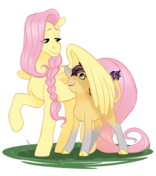 Size: 1280x1440 | Tagged: artist:whisperseas, braid, cloven hooves, derpibooru import, female, fluttershy, hybrid, interspecies offspring, lidded eyes, male, mother and son, oc, oc:stormhoof, offspring, parent:fluttershy, parent:iron will, parents:ironshy, safe, simple background, transparent background, wing shelter