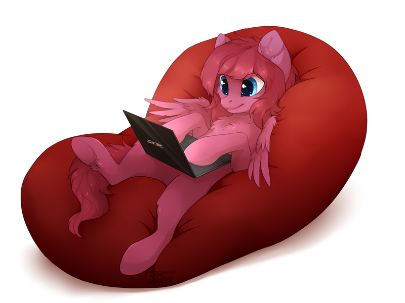 Size: 2400x1800 | Tagged: safe, artist:reysi, derpibooru import, oc, oc:seraphic crimson, unofficial characters only, pegasus, pony, beanbag chair, chest fluff, computer, laptop computer, on back, simple background, solo, white background