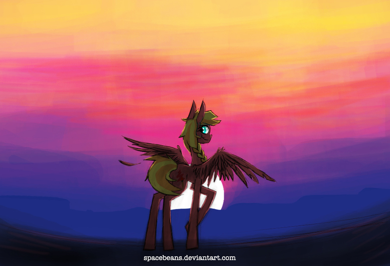 Size: 1000x683 | Tagged: safe, artist:spacebeans, derpibooru import, oc, oc:sunset streak, unofficial characters only, pegasus, pony, female, mare, offspring, parent:big macintosh, parent:fluttershy, parents:fluttermac, solo, spread wings, sunset, wings