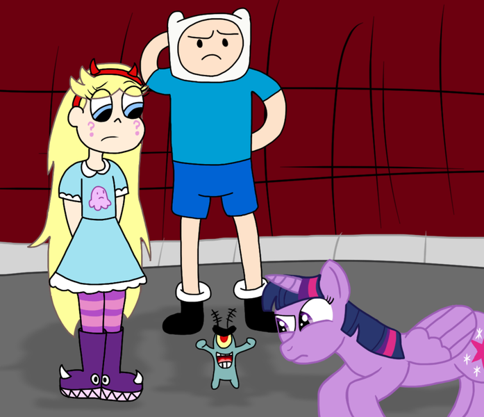 Size: 1024x881 | Tagged: adventure time, alicorn, artist:anotheramazingdude, artist:mtad2, barely pony related, crossover, derpibooru import, finn the human, plankton, safe, spongebob squarepants, star butterfly, star vs the forces of evil, twilight sparkle, twilight sparkle (alicorn)