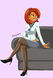 Size: 5330x7772 | Tagged: safe, artist:jeglegator, derpibooru import, stellar flare, human, equestria girls, the parent map, absurd resolution, clothes, couch, dreamworks face, equestria girls-ified, female, gesture, high heels, lipstick, milf, pantyhose, patting, purple background, red lipstick, shoes, simple background, solo, stellar milf