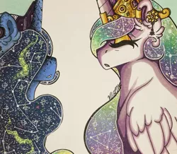 Size: 1280x1114 | Tagged: safe, artist:nightmare-moons-throneroom, derpibooru import, princess celestia, princess luna, alicorn, pony, constellation, duo, ear fluff, ear piercing, earring, ethereal mane, eyes closed, eyeshadow, female, hair over one eye, horn jewelry, jewelry, makeup, mare, missing accessory, piercing, sidemouth, simple background, starry mane, tiara, white background