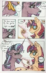Size: 813x1280 | Tagged: safe, artist:nightmare-moons-throneroom, derpibooru import, moondancer, starlight glimmer, pony, unicorn, colored hooves, comic, constellation, crying, dialogue, duo, ear fluff, ethereal mane, female, glasses, glowing horn, magic, mare, mistaken identity, question mark, scroll, starry mane, telekinesis, unshorn fetlocks