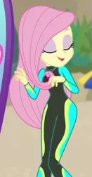 Size: 304x582 | Tagged: safe, derpibooru import, screencap, fluttershy, blue crushed, equestria girls, equestria girls series, clothes, cropped, eyes closed, female, geode of fauna, smiling, solo, swimsuit, wetsuit