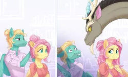 Size: 1293x788 | Tagged: safe, artist:ladychimaera, derpibooru import, discord, fluttershy, zephyr breeze, anthro, draconequus, pegasus, brother and sister, clothes, discoshy, envy, eye contact, female, jealous, looking at each other, male, mare, shipping, shirt, stallion, straight, yandere, yanderecord