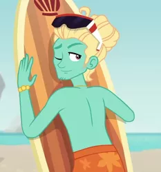 Size: 670x720 | Tagged: safe, derpibooru import, screencap, gladys, zephyr breeze, blue crushed, equestria girls, equestria girls series, clothes, cropped, male, one eye closed, partial nudity, smiling, stupid sexy zephyr breeze, sunglasses, surfboard, topless