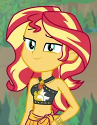 Size: 840x1080 | Tagged: safe, derpibooru import, screencap, sunset shimmer, equestria girls, equestria girls series, unsolved selfie mysteries, belly button, clothes, cropped, lidded eyes, looking at you, midriff, smiling, solo, swimsuit