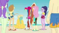 Size: 1280x720 | Tagged: safe, derpibooru import, screencap, applejack, baewatch, fluttershy, gladys, rainbow dash, starlight, valhallen, zephyr breeze, blue crushed, equestria girls, equestria girls series, barefoot, clothes, feet, surfboard, swimsuit, zephyr's necklace