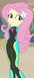 Size: 278x633 | Tagged: safe, derpibooru import, screencap, fluttershy, blue crushed, equestria girls, equestria girls series, adorasexy, arm behind back, cropped, cute, geode of fauna, sexy, shyabetes, smiling, solo, wetsuit