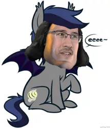 Size: 570x664 | Tagged: safe, artist:higgly-chan, derpibooru import, edit, oc, oc:echo, unofficial characters only, bat pony, pony, dialogue, e meme, eeee, markiplier, meme, open mouth, raised hoof, shitposting, simple background, sitting, smiling, solo, spread wings, tail, tilde, wat, white background, wings