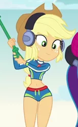 Size: 404x657 | Tagged: safe, derpibooru import, screencap, applejack, equestria girls, equestria girls series, lost and found, adorasexy, beach, belly button, bikini, clothes, cropped, cute, headphones, hips, jackabetes, legs, midriff, sexy, solo, swimsuit, thigh gap, thighs