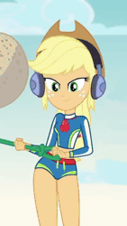 Size: 254x450 | Tagged: safe, derpibooru import, screencap, applejack, equestria girls, equestria girls series, lost and found, animated, clothes, cropped, gif, hat, headphones, shovel, solo, swimsuit