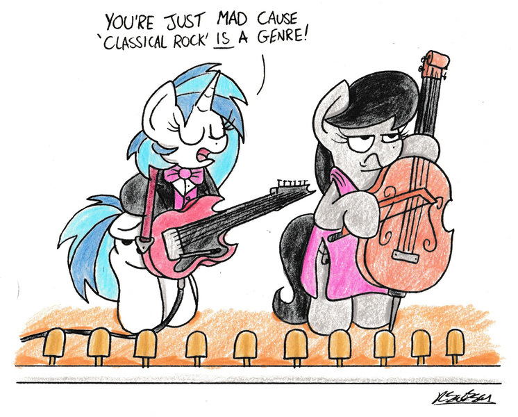 Size: 2086x1678 | Tagged: safe, artist:bobthedalek, derpibooru import, octavia melody, vinyl scratch, earth pony, pony, unicorn, bipedal, bowtie, cello, classical rock, clothes, concert, dexterous hooves, dress, duo, electric guitar, female, guitar, hoof hold, jacket, mare, musical instrument, octavia is not amused, stage, suit, traditional art, unamused