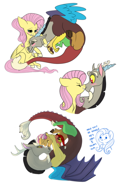 Size: 1024x1600 | Tagged: safe, artist:loryska, derpibooru import, discord, fluttershy, oc, oc:larkspur, hybrid, pony, cuddling, discoshy, female, interspecies offspring, male, nuzzling, offspring, parent:discord, parent:fluttershy, parents:discoshy, shipping, simple background, straight, white background